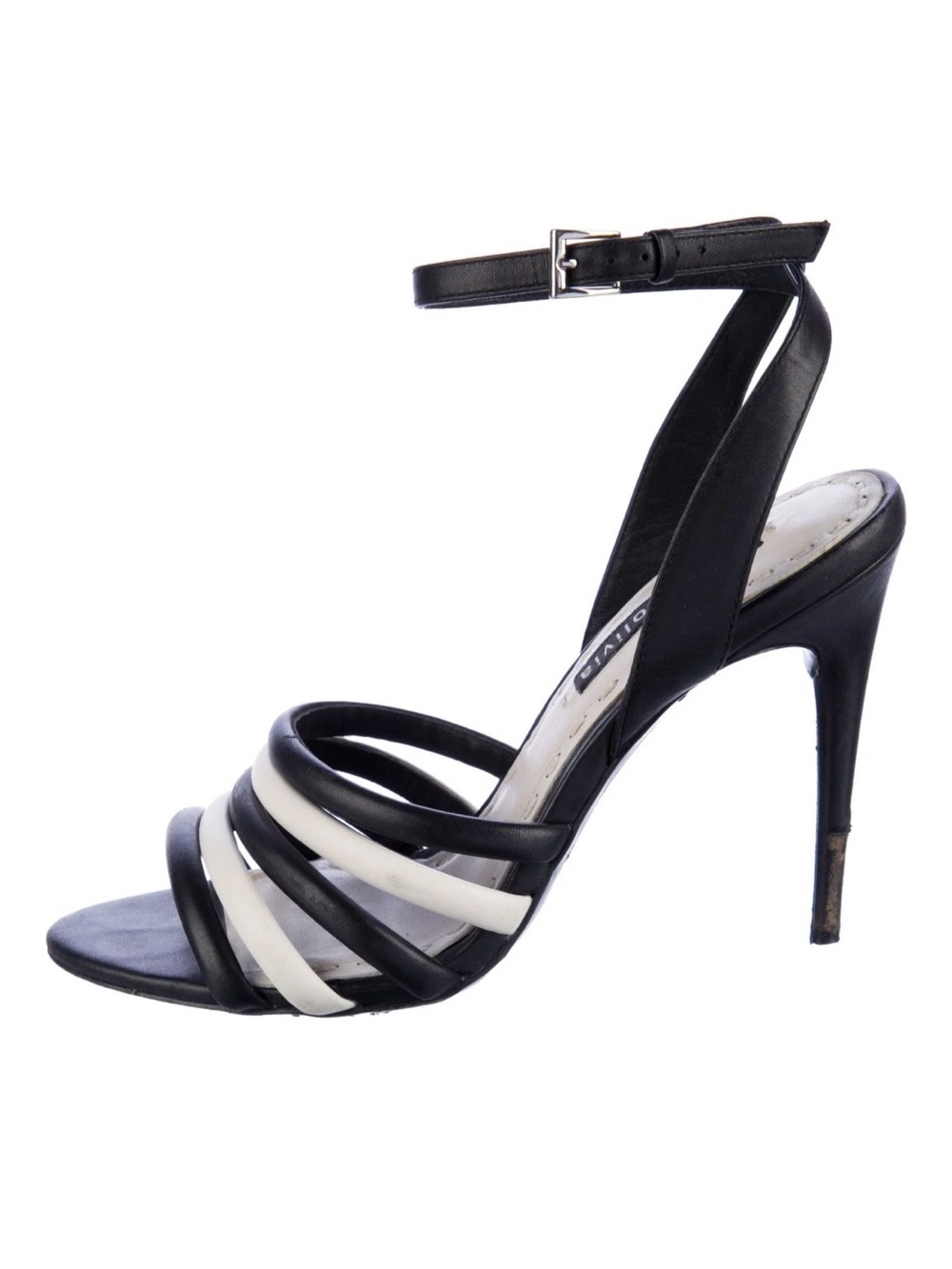 Alice + Olivia Black and White Strappy Ankle-Heel Sandal